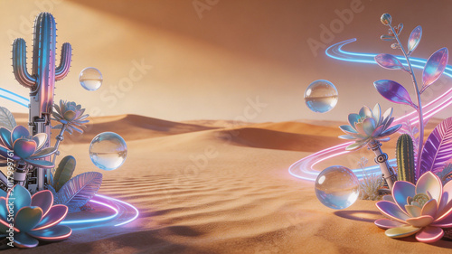 Cyber Desert Mechanical Oasis Holographic Background