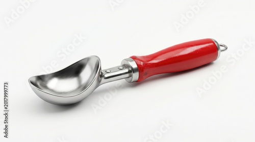 Red Handle Metal Ice Cream Scoop Isolated on White Background