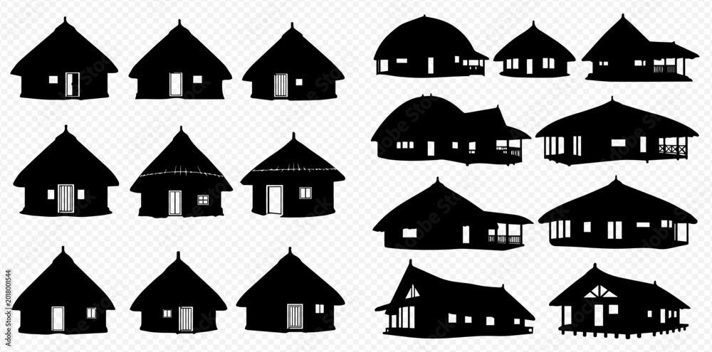 Fototapeta premium Set of traditional African hut silhouettes, showcasing various architectural styles and designs.