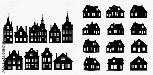 Set of various black silhouettes of houses and buildings, including old European architecture and modern homes, isolated on a transparent background.