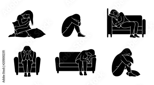 Cuadro en lienzo Set of 6 Silhouette Icons Depicting Sadness, Depression, and Mental Health Strug