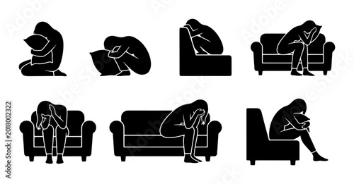 Tableau sur toile Sadness and Despair Vector Icons: Solitary Figures in Distress, Grief, and Lonel