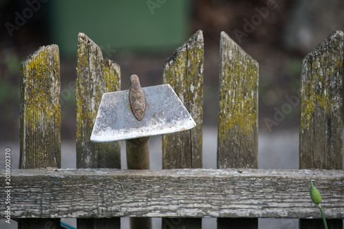 Tablou pe pânză Rusty Garden Hoe Leaning Against Weathered Wooden Fence With Moss And Peeling Pa