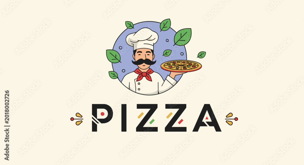 Fototapeta premium Traditional Italian pizza logo features a friendly moustachioed chef holding a tray with a fresh hot pizza.