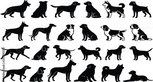 Schilderij op canvas Diverse dog breed silhouette and illustration mega set featuring various canine poses and species for pet industry branding