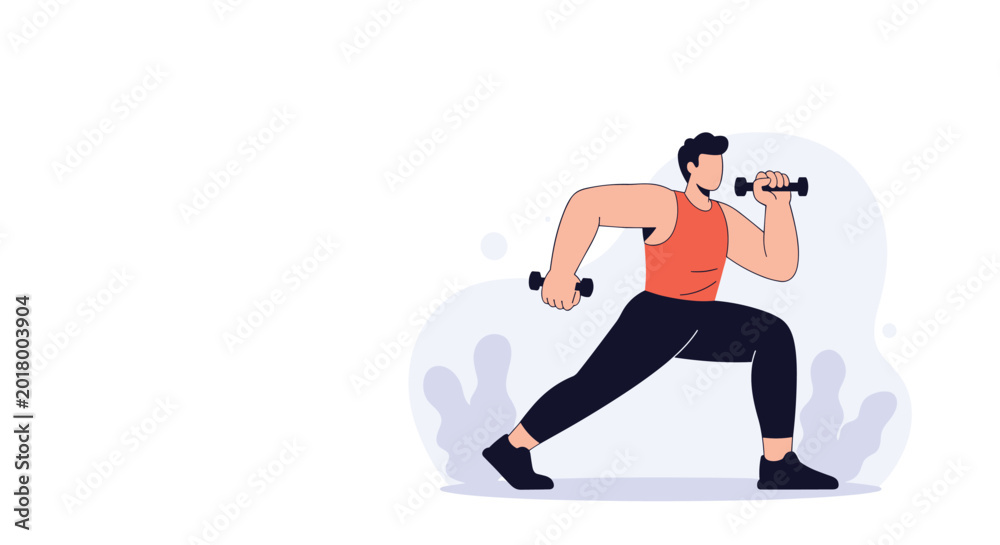 Fototapeta premium Strong man performing lunges while holding dumbbells in his hands during a high-intensity workout session in a minimalist setting.