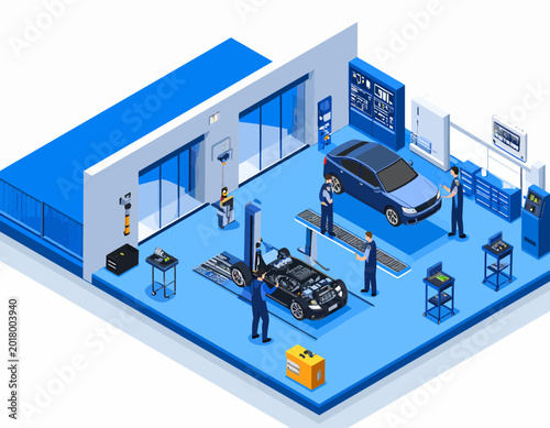 Automobile Repair Shop with Mechanics and Cars.