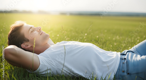 Relaxed Young Man Enjoying Peaceful Summer Day Lying in Green Grass Field Under Bright Sunlight
