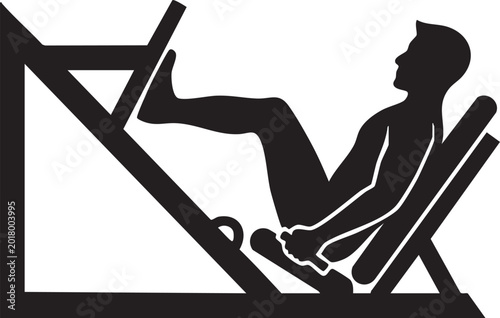Black silhouette of man exercising on gym leg press machine, fitness equipment, workout icon, vector illustration