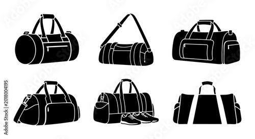 Bild auf Leinwand Set of Six Black Silhouette Duffel Bags, Gym Bags, and Sports Bags, Versatile Tr