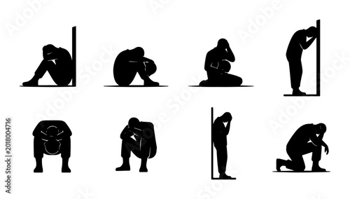 Bild auf Leinwand Set of 8 Silhouette Figures in Despair, Sadness, and Grief Poses, Vector Icons f