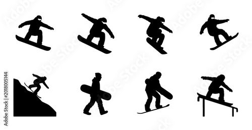Bild auf Leinwand Snowboarder Silhouette Icons, Winter Sport Action Poses, Extreme Sports Vector G