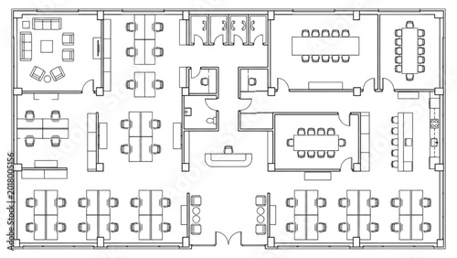 Modern Open Office Workspace Floor Plan in Architectural CAD Style