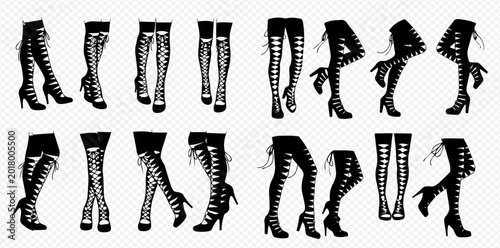 Quadro su tela Collection of black high heel boots with laces, different angles and positions, fashion footwear design elements