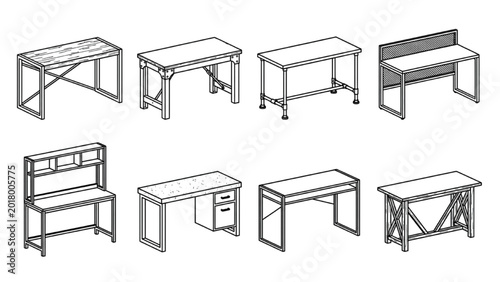 Industrial Office Desk CAD Vector Collection | Metal Frame Workspace Furniture Pack