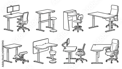 Gaming Desk Setup CAD Vector Collection | Modern Workspace Furniture Illustration Set