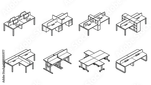 Shared Workstation CAD Vector Collection | Modular Office Furniture Elevation Pack