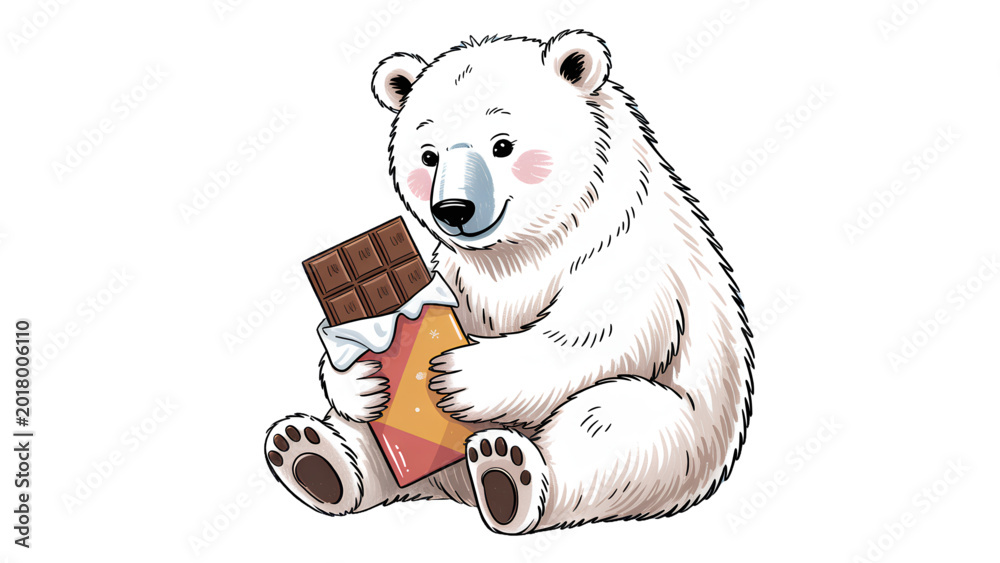 Fototapeta premium Cute white polar bear cub holding a small honeycomb or brown food block