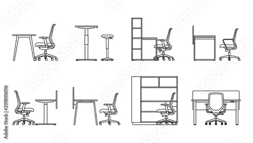 Modern Office Desk and Chair CAD Vector Collection | Workspace Furniture Elevation Set