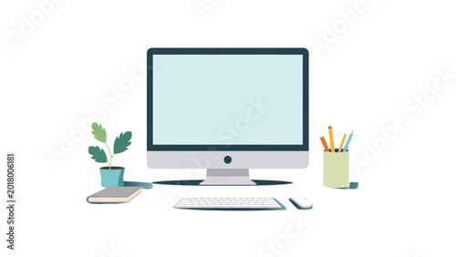 Bilde på lerret Modern workspace with computer monitor and office supplies on wooden desk Vector