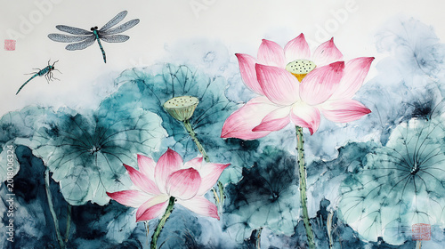 Chinese painting white rice paper pink lotus flowers emerald green leaves interspersed dragonflies delicate brushstrokes rich ink colors exquisite details beautiful composition small creature between 