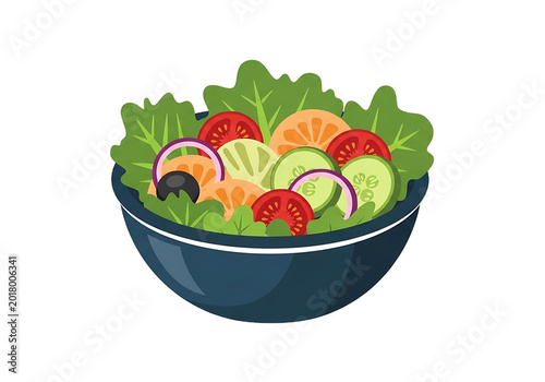 Isolated bowl of fresh garden salad with lettuce, tomatoes, cucumbers and red onion, pixel art style for gaming