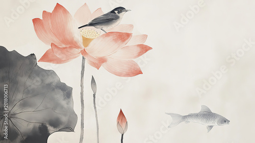 Ink wash little bird perched on lotus traditional Chinese painting delicate strokes xuan paper rich colors light gray elegant simple slender lotus leaves fish swimming beside