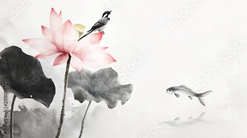 Chinese ink painting small bird on lotus top delicate strokes xuan paper rich colors light gray elegant simple slender flower leaves fish swimming beside water
