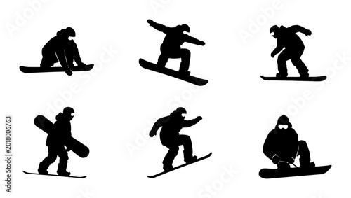 Bild auf Leinwand Snowboarder Silhouettes Collection, Winter Sport Action Poses, Extreme Sports Ve