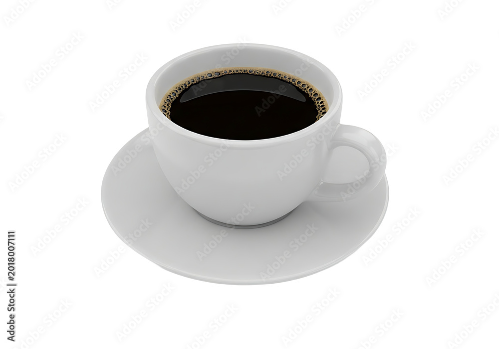 Fototapeta premium Isolated white ceramic coffee cup with black espresso on matching saucer, classic beverage morning routine and cafe