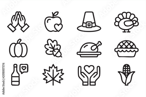 Thanksgiving Harvest Line Art Icons with Turkey Pumpkin Apple Pie and Prayer Hands