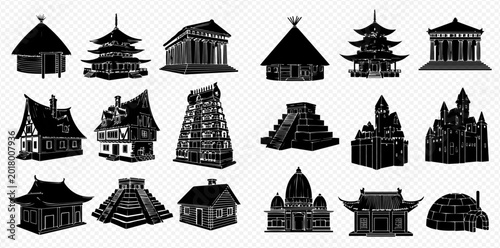 Collection of various architectural styles and iconic buildings from around the world, presented as silhouettes.