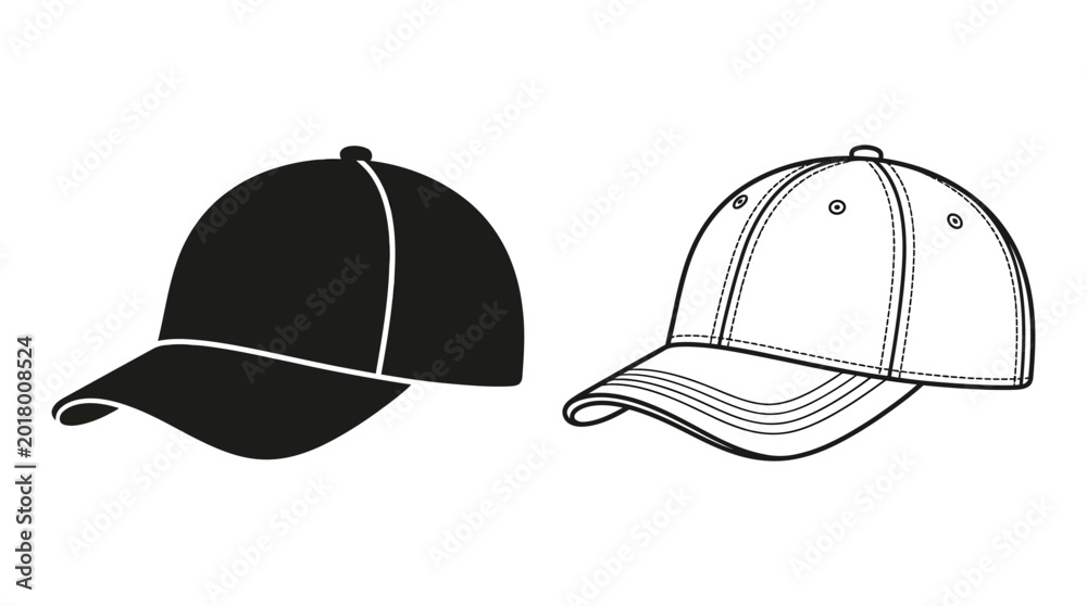 Fototapeta premium Baseball cap silhouette and line drawing on white background