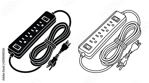 Power strip illustration with cord and plug black and white