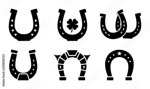 Fotografi Set of 6 Black Horseshoe Icons, Lucky Clover, Star Detail, Vector Graphics for G