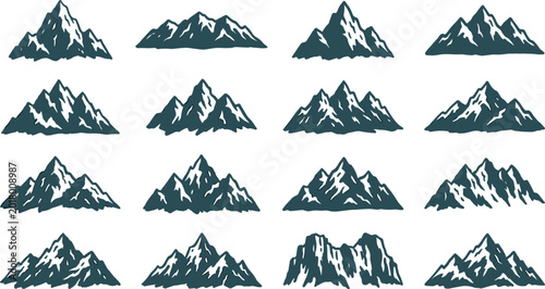 Fotografia Dark blue mountain range silhouettes and snow capped peak icons for outdoor adve