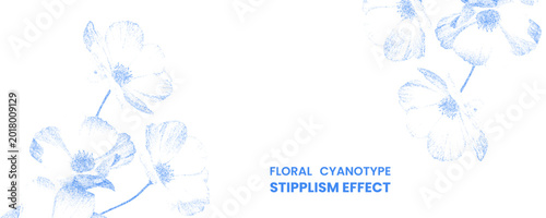 Floral cyanotype stipplism effect with delicate blue flower illustrations isolated on white background stipple dots photocopy effect abstract retro y2k geometric elements