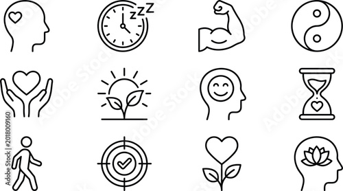 Quadro su tela Minimalist black line icon set for mental health wellness self care and emotiona