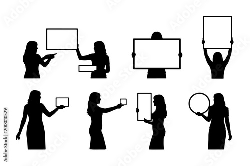 Bild auf Leinwand Diverse Female Silhouettes Holding Blank Signs, Rectangles, and Circles, Vector