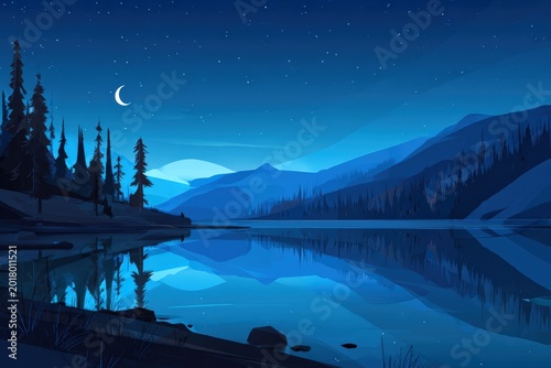 Moonlit mountain lake beneath starry sky