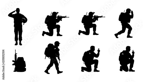 Bild auf Leinwand Military Soldier Silhouettes Collection, Armed Forces Action Poses Vector Set, C