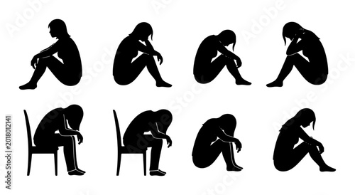 Foto Silhouette Figures Depicting Sadness, Loneliness, and Despair, Vector Icons Set