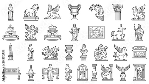 Ancient architectural and artistic Elements Collection: An artistic monochrome montage presents a collection of historically significant elements. CAD Blocks Architectural Icon Sheet Vector