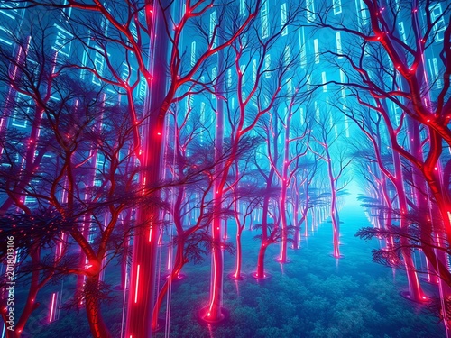 Data streams weave through holographic trees in a digital forest, viewed through a vertiginous Dutch angle,  neon, cyberpunk