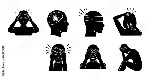 Schilderij op canvas Headache and Migraine Icons, Brain Pain Symptoms Set, Stress and Mental Health S