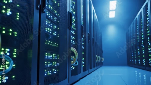 A close-up view inside a server room showcases a complex network of cables and illuminated server racks, highlighting the technological infrastructure.