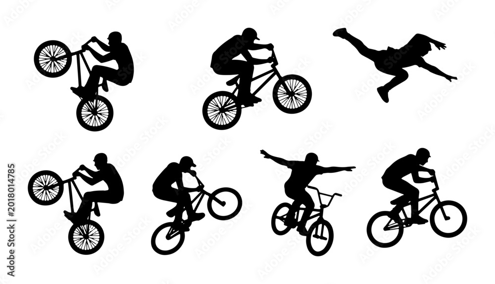 Fototapeta premium BMX Bicycle Rider Silhouettes, Extreme Sports Action, Freestyle Cycling Tricks, Dynamic Vector Illustrations for Sports Graphics and Lifestyle Designs