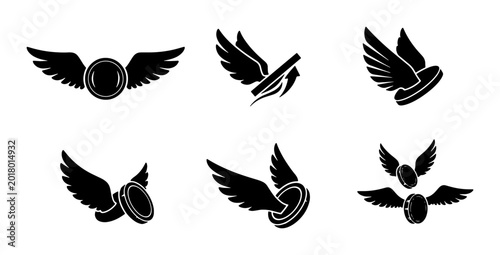 Foto Winged Coin Icons, Flying Money Symbols, Golden Snitch Vector Set, Financial Fre