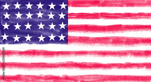 United States of America flag drawn with rough crayon strokes. Patriotic USA American stars and stripes in a child sketch colored pencil style. Transparent PNG cutout element.
