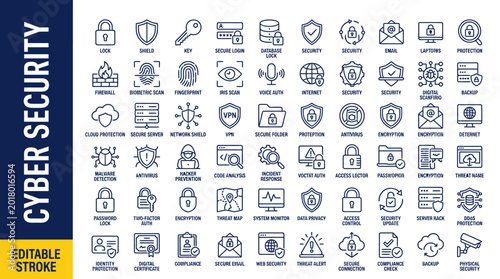 Comprehensive Set of Cyber Security Icons for Digital Data Protection Privacy and Network Safety Featuring Locks Shields Biometric Scans and Firewall Symbols with Editable Stroke Design